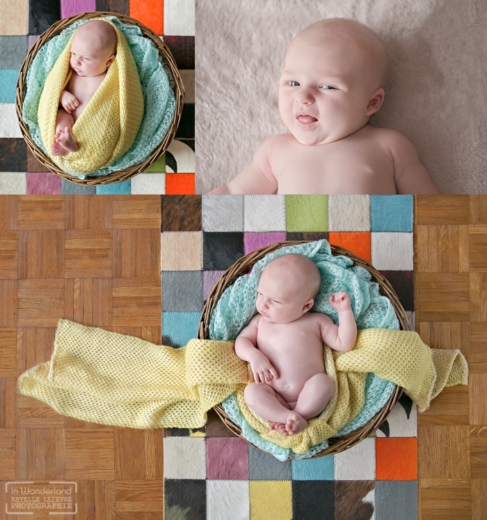 bébé allongé dans un panier sur un tapis multicolor